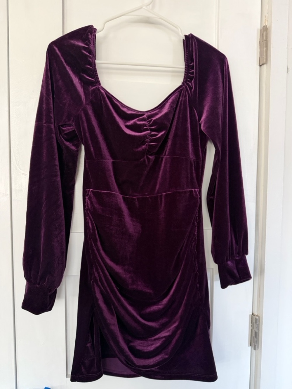Cider Plum Velvet Ruched Long-Sleeve Mini Dress